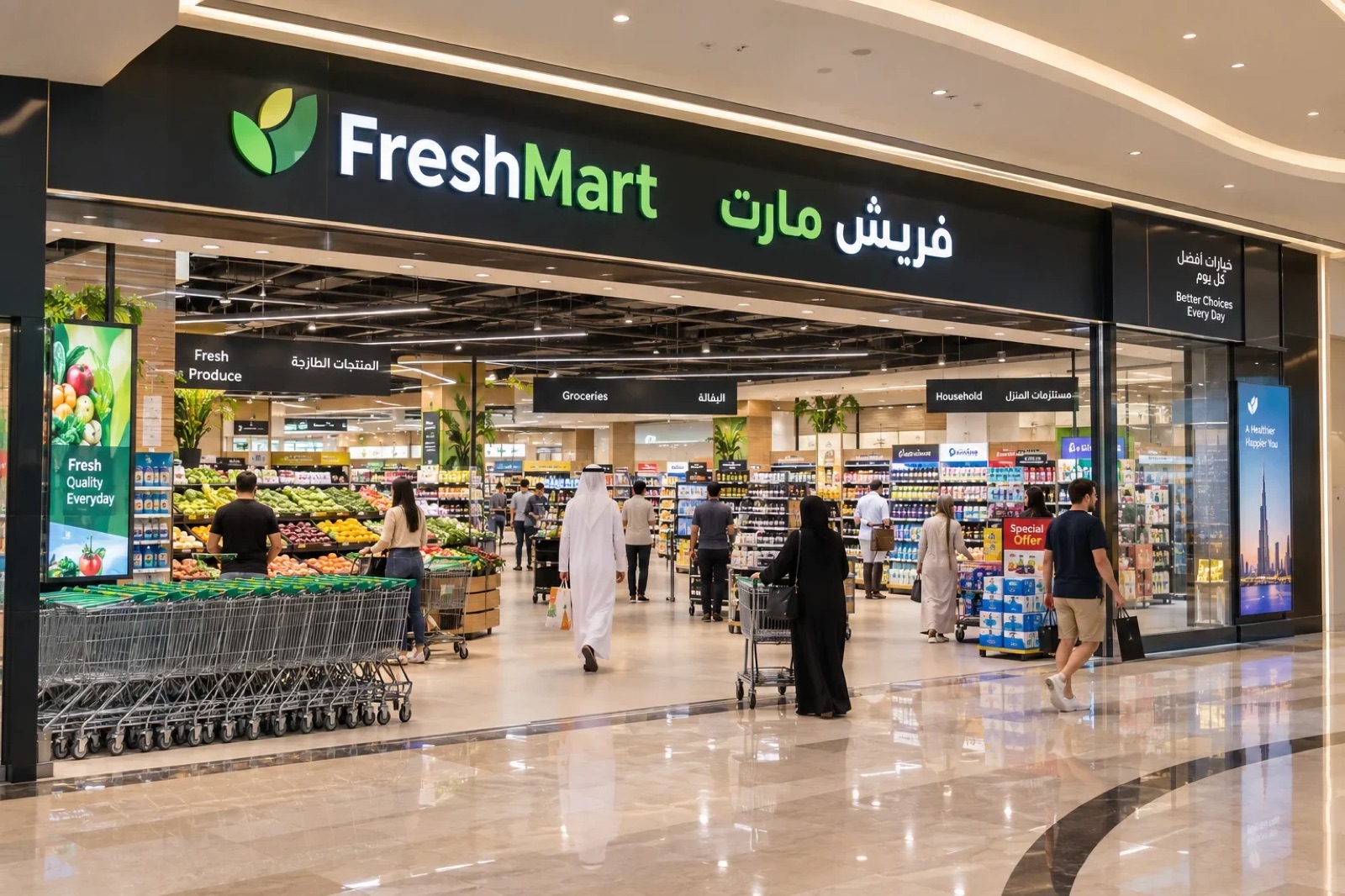 Modern UAE supermarket with multiple checkout lanes